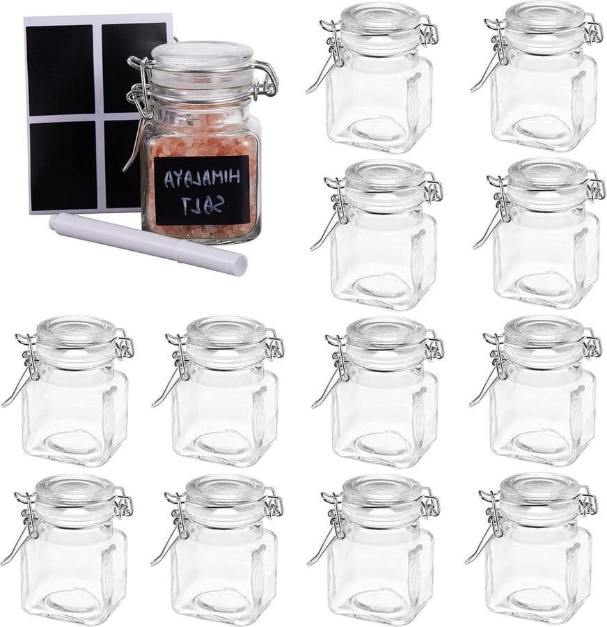 Luchtdichte Glazen Kruidenpotjes Kleine Draadbeugelglas 24 Etiketten Krijtstiften Stevig en Praktisch jampotjes met deksel
