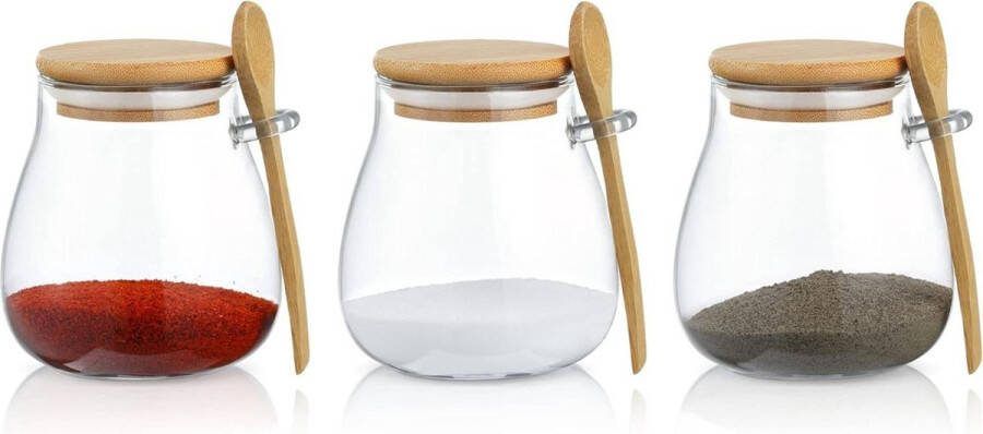 Luchtdichte glazen opbergpotten Set van 3 350 ml kruiderijpotten kruidencontainers met lepels en bamboe deksels keukenorganisatie voor kruiderijen specerijen zout en suiker Zoutpot