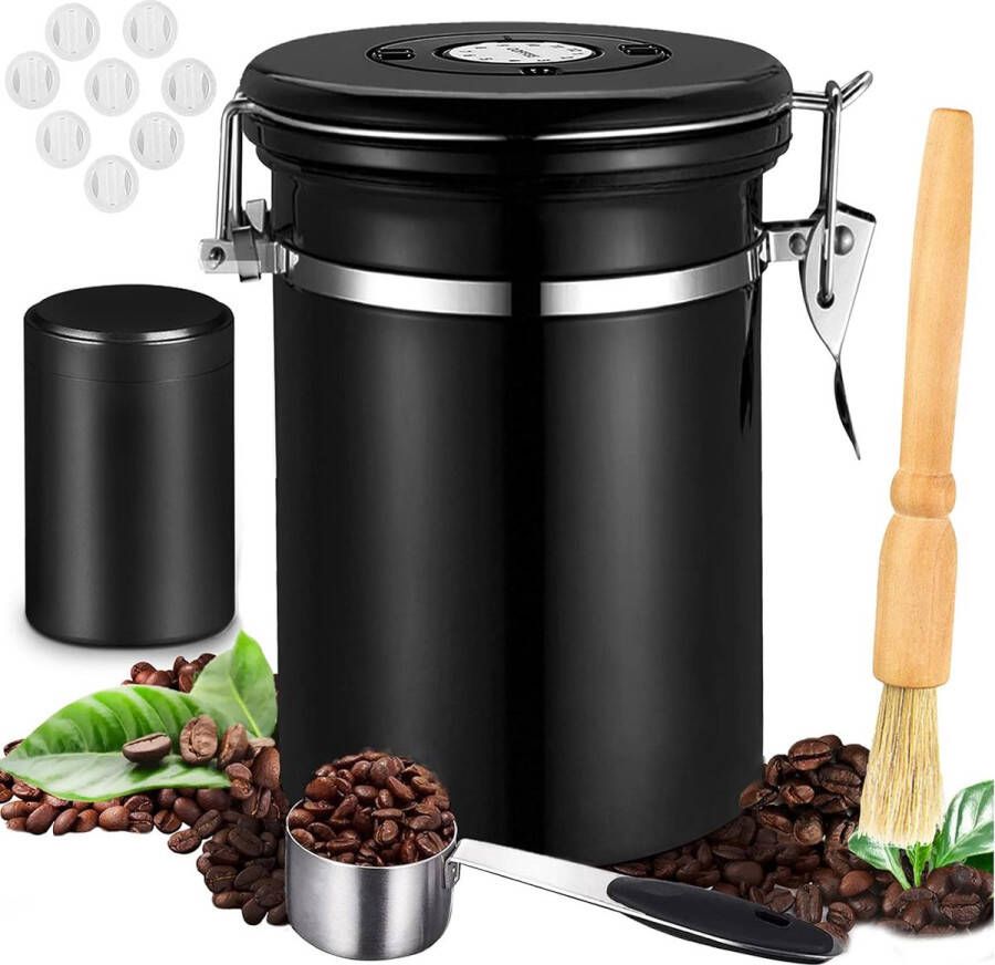 Luchtdichte koffiebus 1.8L Koffie verzegelde pot+lepel+kleine theepot+5 ventielen koffieboon opslag Koffiebus Luchtdicht vacuümcontainer voor koffiebonen thee noten cacao-Zwart