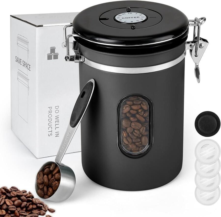 Luchtdichte koffiebus van roestvrij staal 1800 ml koffiebonencontainer 30 ml maatlepel en 4 CO2-ventielen en 1 afsluitventiel keukenopslagcontainer voor koffiepoeder koffiebonen en thee (grijs)