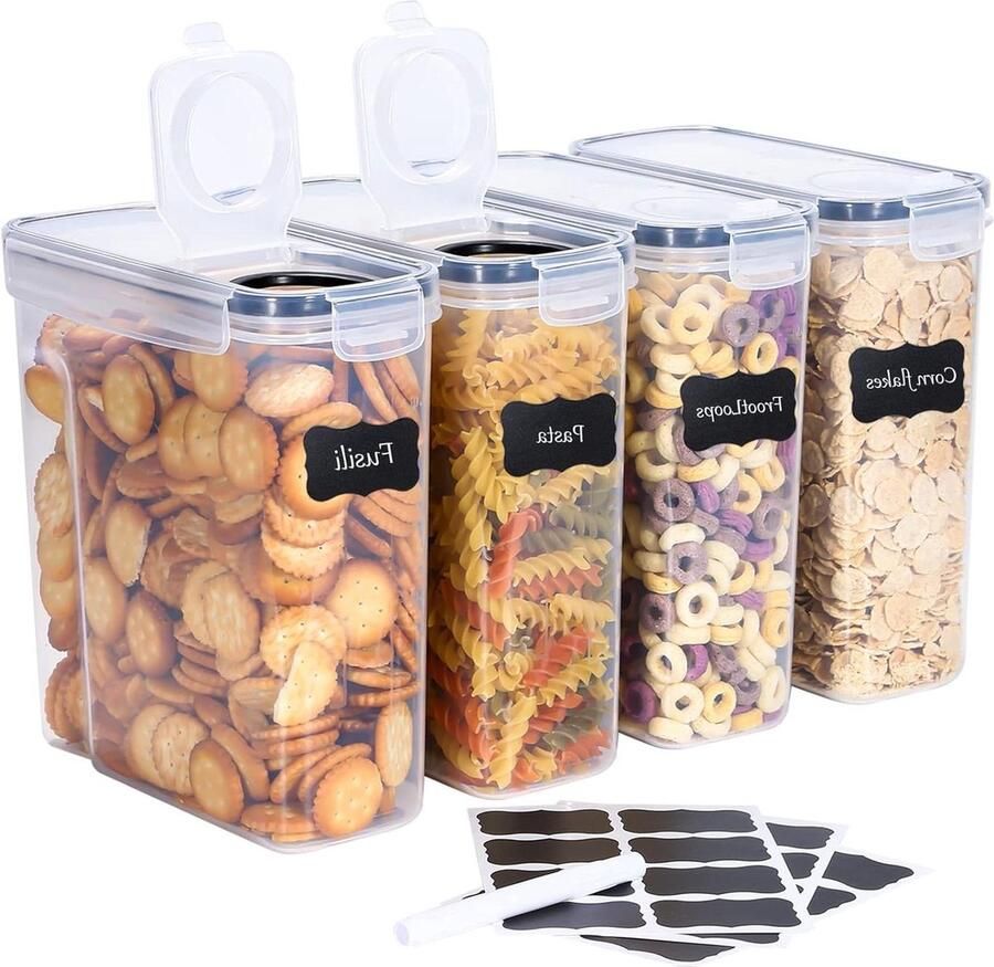 Luchtdichte voedselopslagcontainers BPA-vrije plastic graancontainers 4 stuks 25 l keuken en voorraadkast organisatie droogvoer granen meel suiker inclusief 24 etiketten rice dispencer