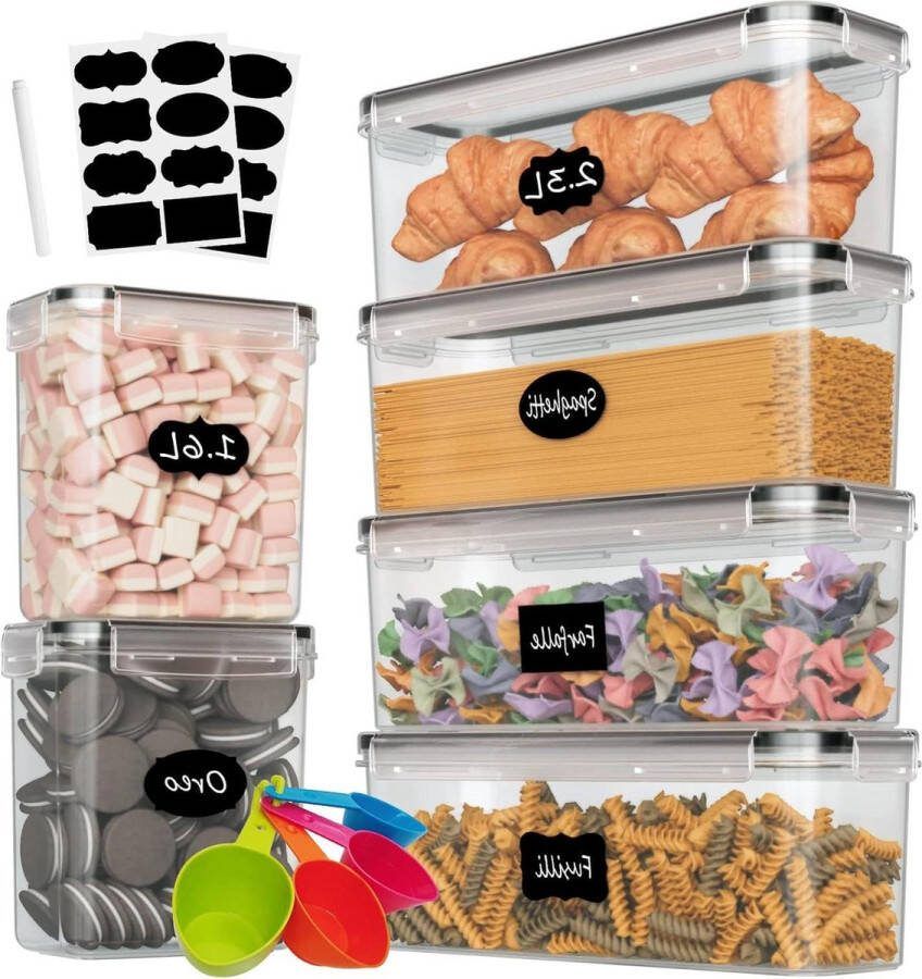Luchtdichte voorraaddozen set van 6 opbergdozen keuken plastic deksel 23 liter spaghetti opslag pasta muesli cornflakes 23 liter 16 liter Voorraadbussen