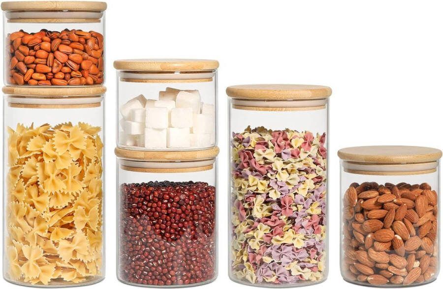 Luchtdichte voorraadpotten met deksel 500 ml 800 ml 1200 ml rond set van 6 opbergpotten voor keuken van borosilicaatglas huishoudelijke glazen containers voorraaddozenset voor specerijen