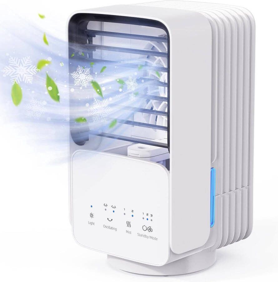 Luchtkoeler Aircooler Draagbare Airconditioner Mobiele Airconditioner 4-in-1 800ml Waterreservoir 60° 120° Oscillatie 3 Snelheden 2 Miststanden LED-verlichting Ideaal voor Thuis Kantoor
