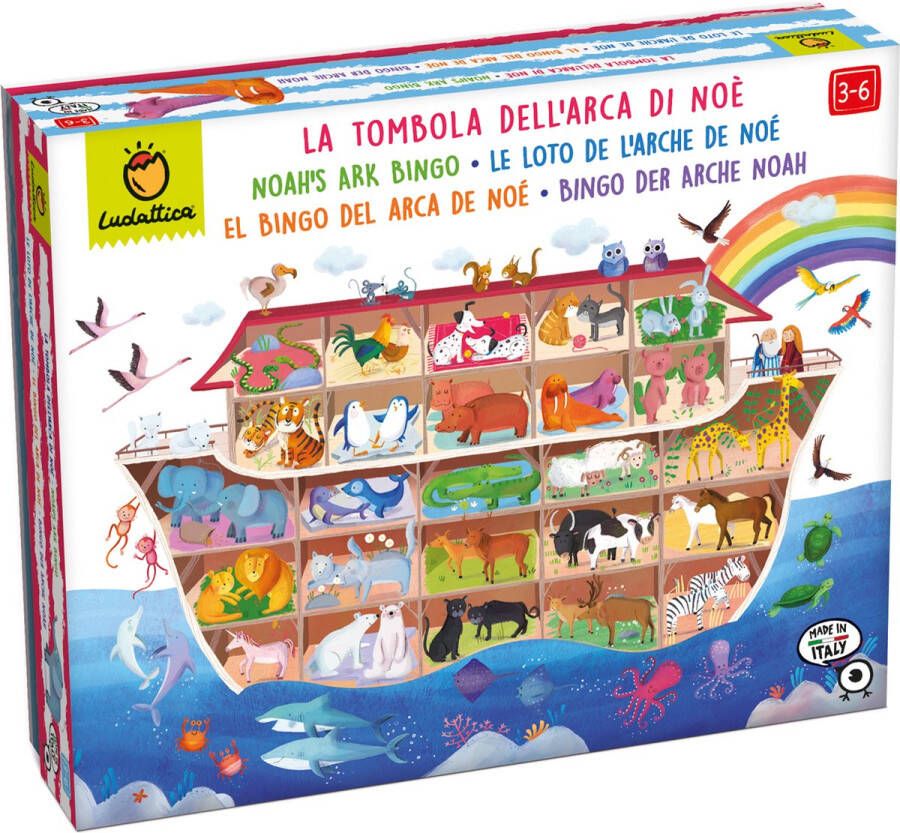 Ludattica Spellen: BINGO ARK van NOAH 34x27 5x8cm bevat een speelbord 83x52cm 6 habitat borden 23x14cm 74 dieren token katoenen zakje en instructies 3+