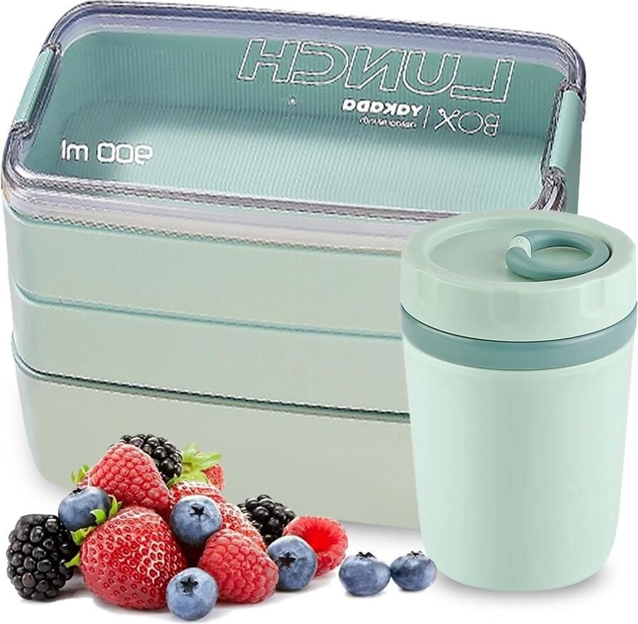 Lunch Bento Boxes Maalprep Broodtrommel met bestek verzegelde ontbijtbeker lekvrije broodtrommel 3 compartimenten stapelbare ontbijtbox lunchbox broodtrommel voor kinderen en volwassenen