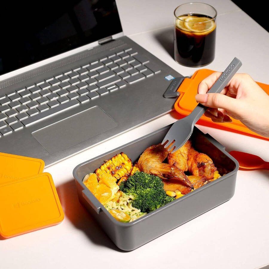 Lunch Box Voor Volwassenen Met 3 Compartimenten en Sauscontainer Magnetron en Vaatwasser BPA-Vrij Oranje