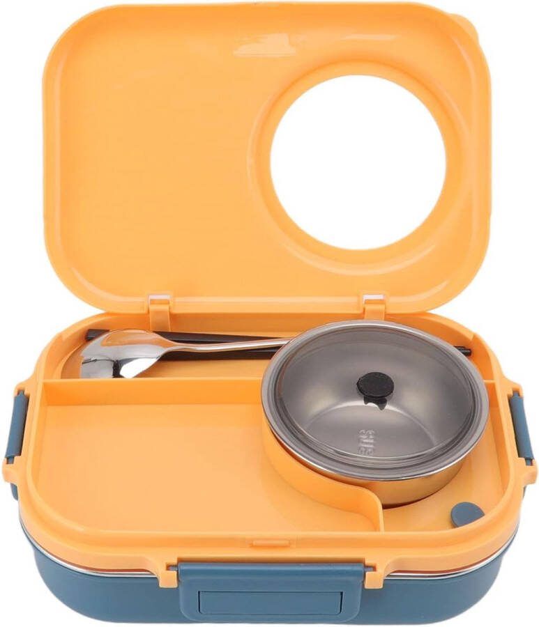 Lunchbox 1100 ml dubbellaags design met 3 roosters thermische lunchbox van roestvrij staal 304 met eetstokjes lepel soepkom voedselcontainer voor kinderen studenten (blauw-geel)