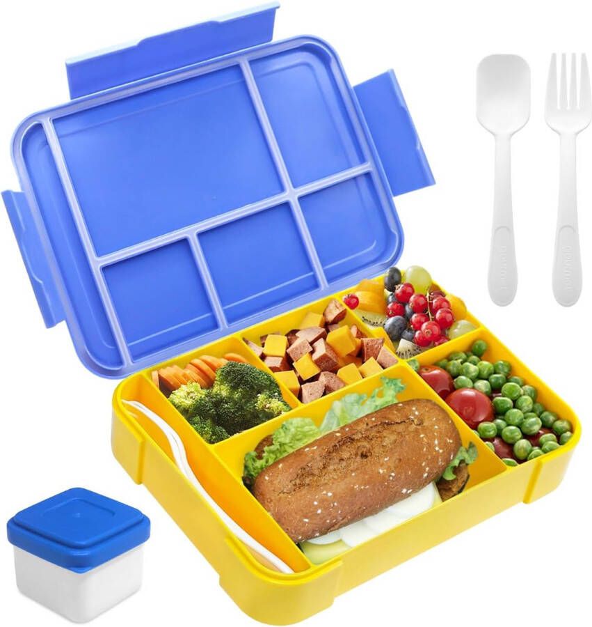 Lunchbox 1300 ml lekvrij broodtrommel voor kinderen met 5 vakken en bestekset BPA-vrij broodtrommel voor kinderen en volwassenen voor magnetron vaatwasser (blauw-geel)