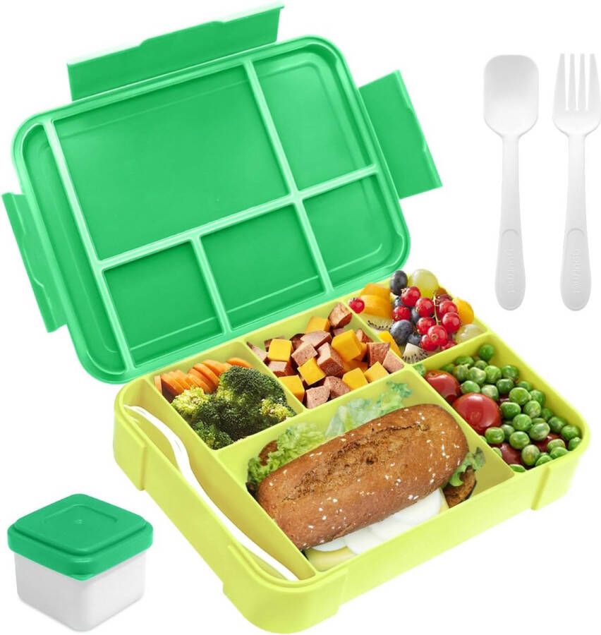 Lunchbox 1300 ml lekvrij broodtrommel voor kinderen met 5 vakken en bestekset BPA-vrij broodtrommel voor kinderen en volwassenen voor magnetron vaatwasser (groen)