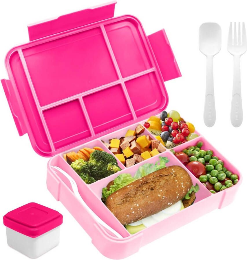 Lunchbox 1300 ml lekvrij broodtrommel voor kinderen met 5 vakken en bestekset BPA-vrije lunchbox broodtrommel voor kinderen en volwassenen voor magnetron vaatwasser (roze)