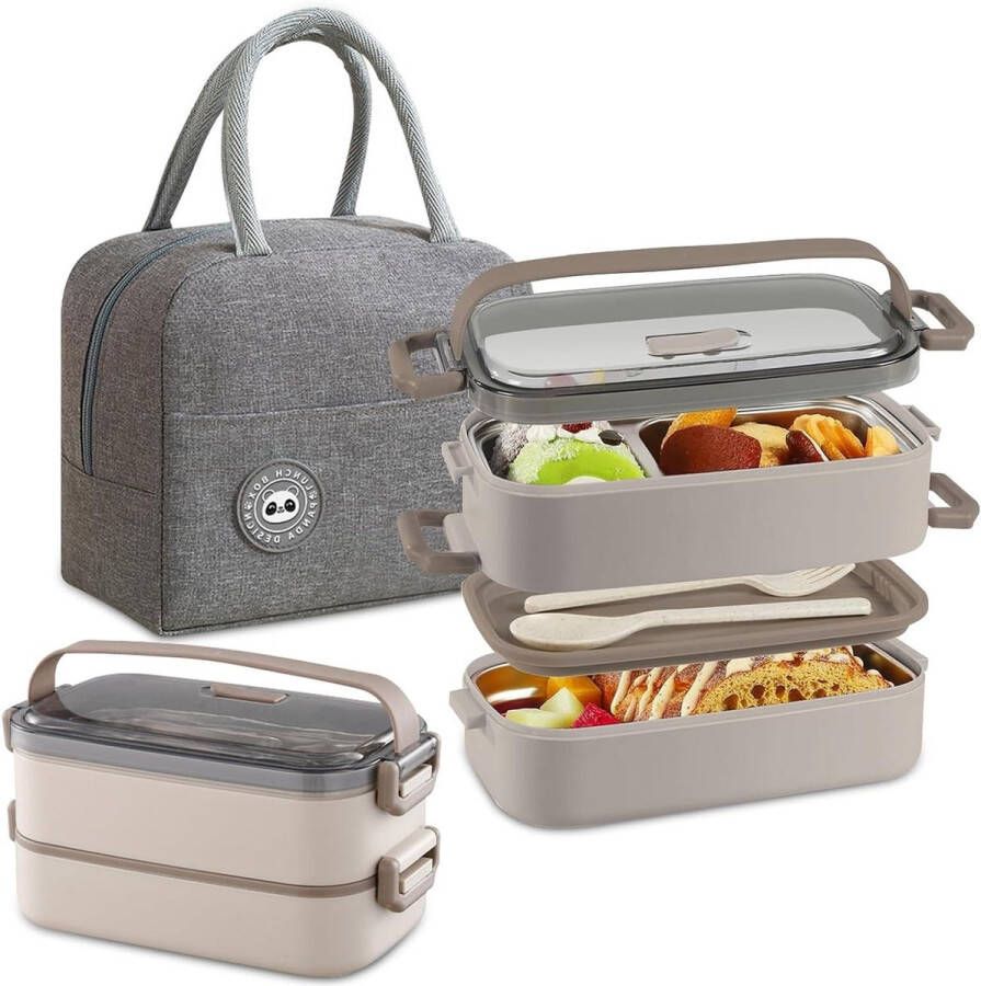 Lunchbox 1400 ml Bento lunchbox luchtdicht bestek koeltas voor school picknick volwassenen kinderen bruin