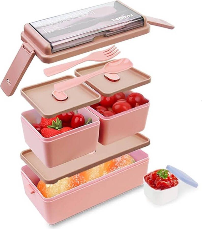 Lunchbox 1400ML Dubbele Stapelbare Bento Box Container Meal Prep Containe Met Bestek Verzegelde Versbewarende Doos Alles in één Lekvrije BPA Gratis Lunchbox voor Volwassenen en kinderen Roze