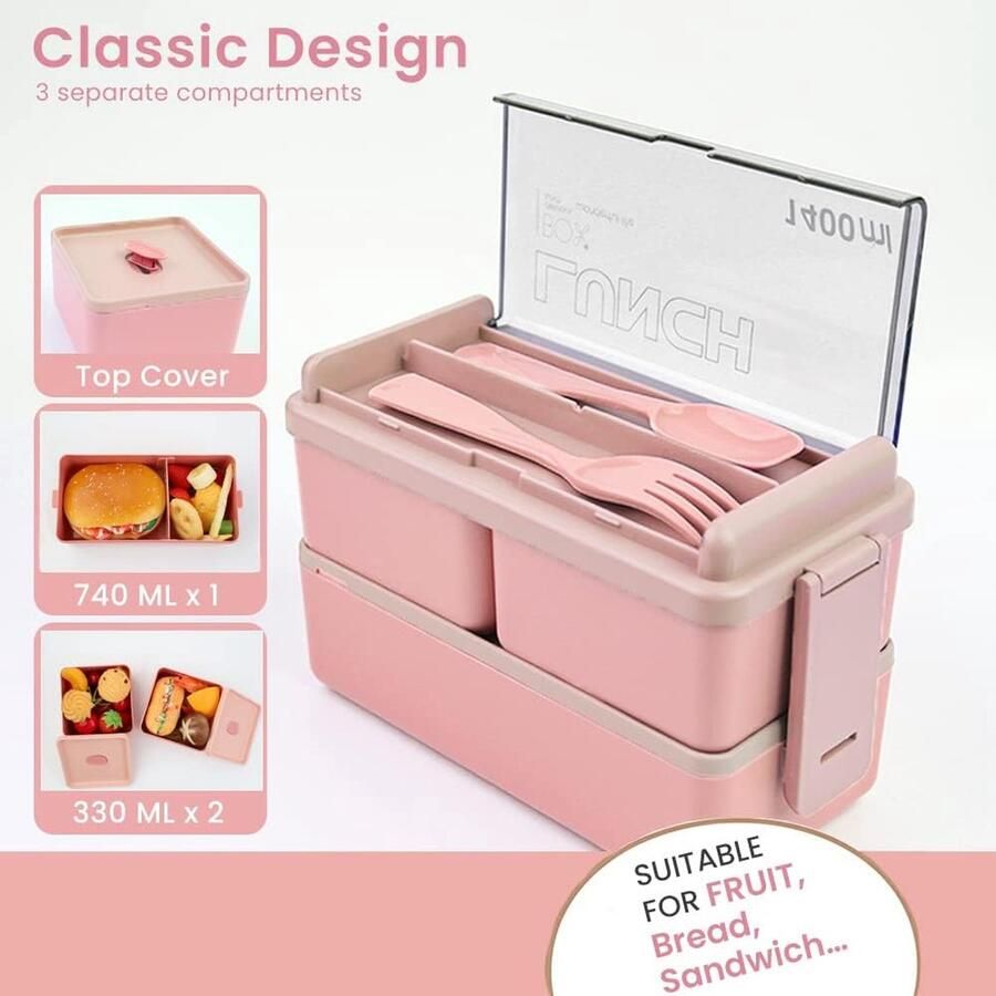 Lunchbox 1400ML Dubbele Stapelbare Bento Box Container Meal Prep Containe Met Bestek Verzegelde Versbewarende Doos Alles in één Lekvrije BPA Gratis Lunchbox voor Volwassenen en kinderen Roze