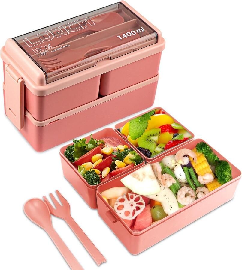 Lunchbox 1400ml Met Servies En 3 Vakjes Lunchbox Large Luxe Bentobo Geschikt Voor Rijst Noodles Groente Vlees En Meer! Voor Kinderen En Volwassenen Groen Luchtdicht En Lekvrij Bpa Vrij!