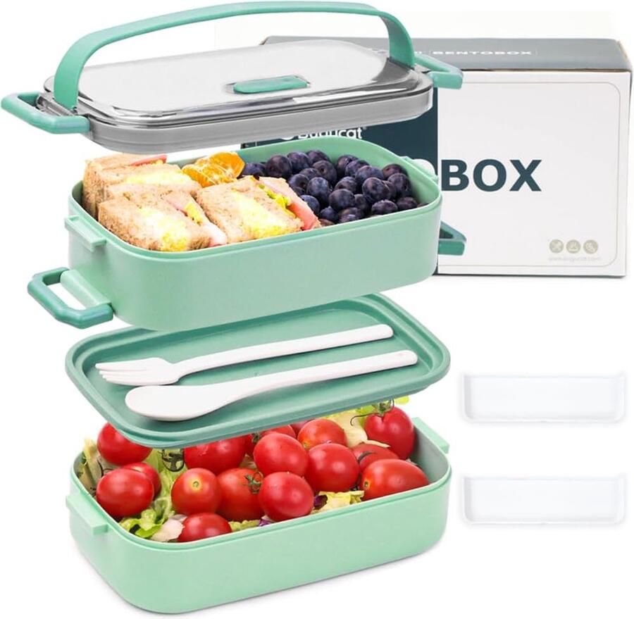 Lunchbox 1600 ml 3-in-1 Bento Box lekvrij luchtdichte lunchbox met vakken en bestekset ontbijtbox lunchbox voor op reis lunchbox voor volwassenen lichtgroen