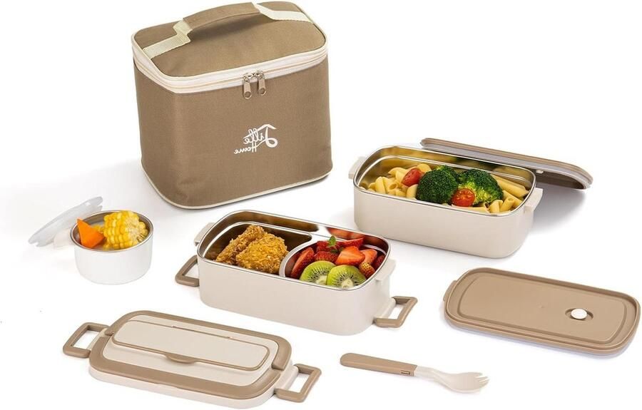 Lunchbox 1900ml Bento Box Volwassen Lunchbox roestvrij staal thermisch compartiment Tiffin Lunch Snack Box 2-laags geïsoleerde Bento voedselcontainer Stapelbare lunchbox met lunchtas en soepkom Grootte Large Lille Home