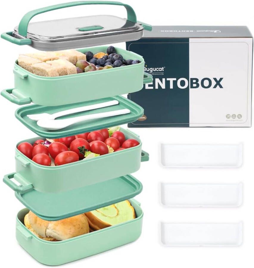 Lunchbox 2400 ml 3-in-1 Bento Box lekvrij luchtdichte broodtrommel met vakken en bestekset ontbijtbox snackbox voor onderweg broodtrommel voor volwassenen lichtgroen