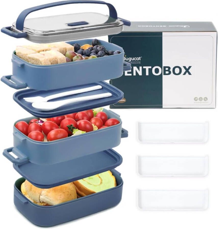 Lunchbox 2400 ml 3-in-1 Bento Box lekvrij luchtdichte broodtrommel met vakken en bestekset ontbijtbox snackbox voor onderweg broodtrommel voor volwassenen donkerblauw