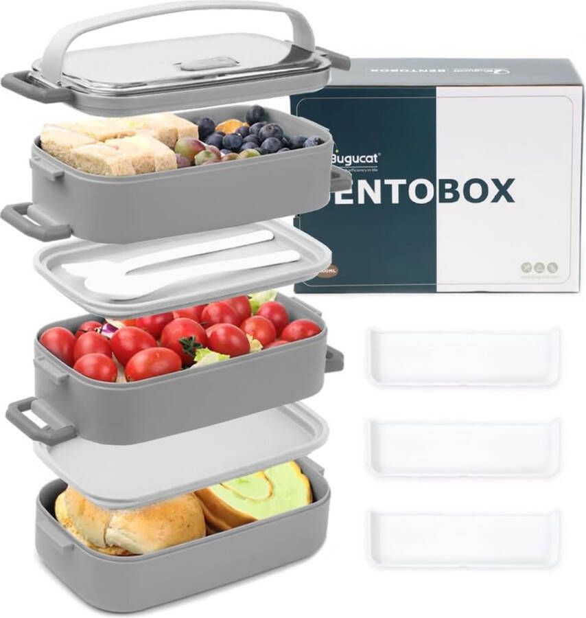 Lunchbox 2400 ml 3-in-1 Bento Box lekvrij luchtdichte broodtrommel met vakken en bestekset ontbijtbox snackbox voor onderweg broodtrommel voor volwassenen grijs