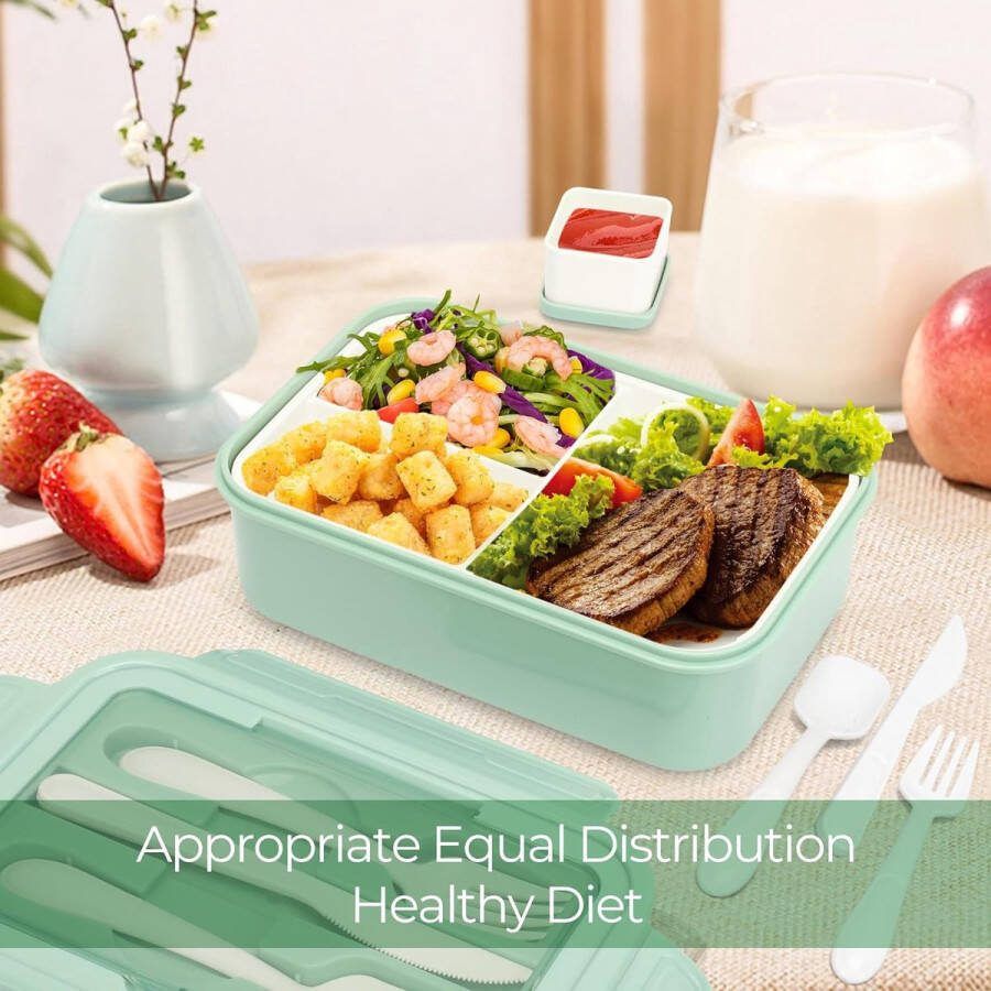 Lunchbox Bento Box broodtrommel volwassenen 1400 ml met 3 vakken voor kinderen incl. bestek snackbox voor magnetron en vaatwasser school werk picknick reizen (lichtgroen + sausbak)