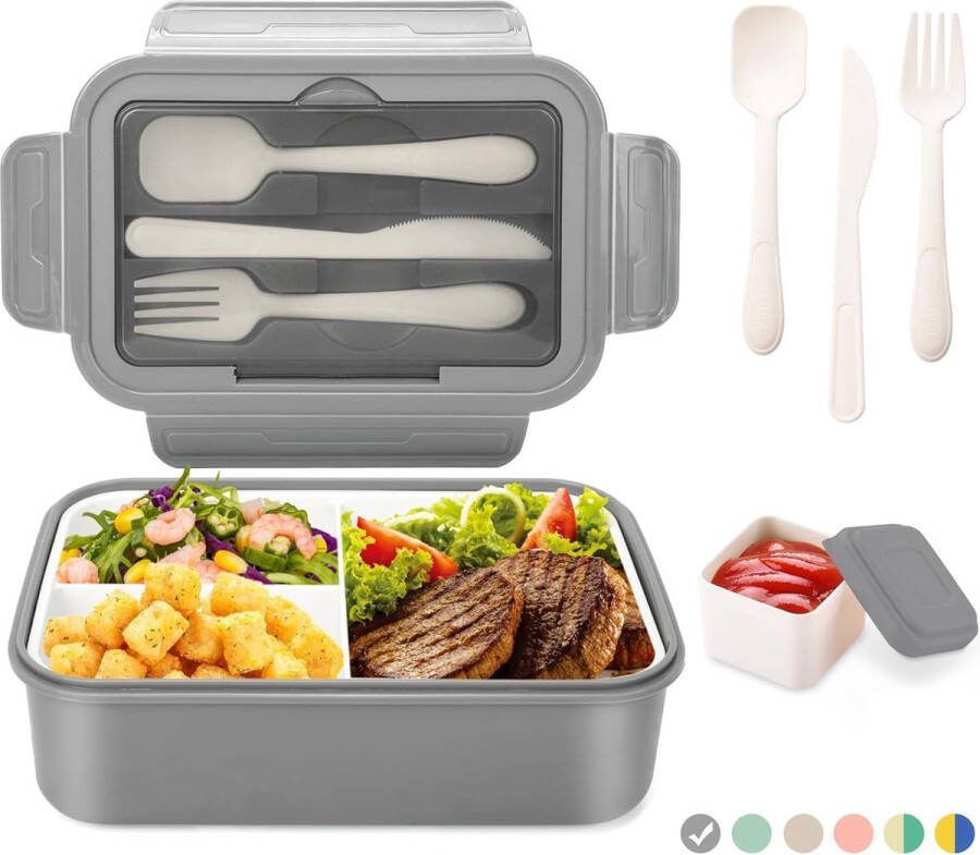 Lunchbox Bento Box broodtrommel voor volwassenen 1400 ml met 3 vakken voor kinderen incl. bestek snackbox voor magnetrons en vaatwassers school werk picknick reizen (lichtgroen +