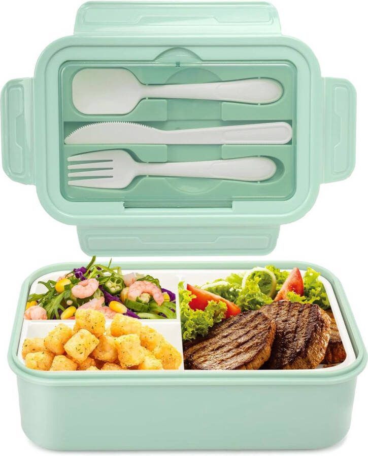 Lunchbox Bento Box broodtrommel voor volwassenen 1400 ml met 3 vakken voor kinderen incl. bestek snackbox voor magnetrons en vaatwassers school werk picknick reizen (grijs + sausbox)