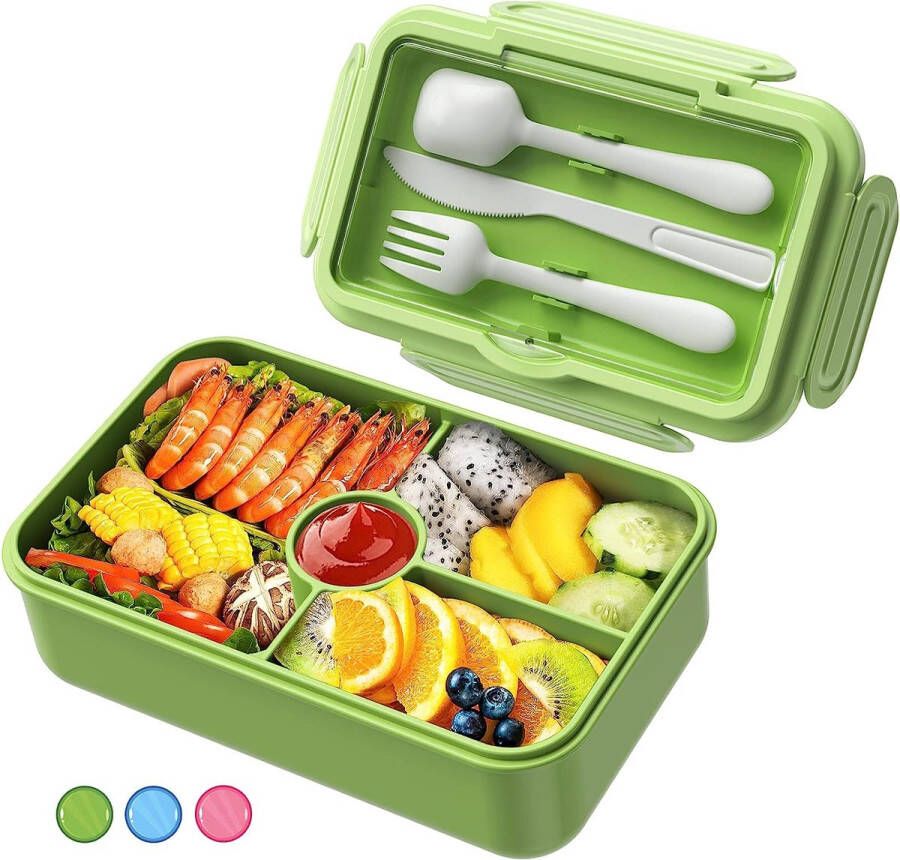 Lunchbox Bento Box voor Kinderen Volwassenen 1100ml Bento Lunchbox met Compartimenten Lekvrije Lunchcontainer met Bestek Groen