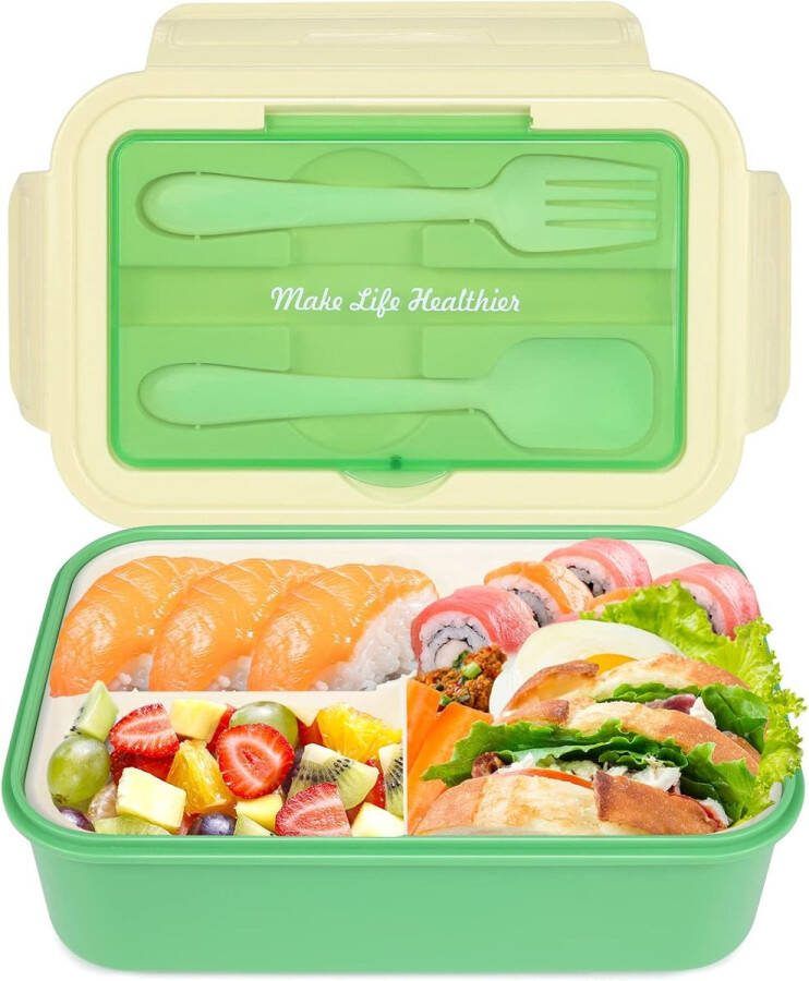 Lunchbox Bento lunchbox 1400 ml lunchbox voor volwassenen en kinderen lunchbox lekvrij met 3 vakken broodtrommel magnetronbestendig ingebouwde bestekset lepel en vork limoengroen