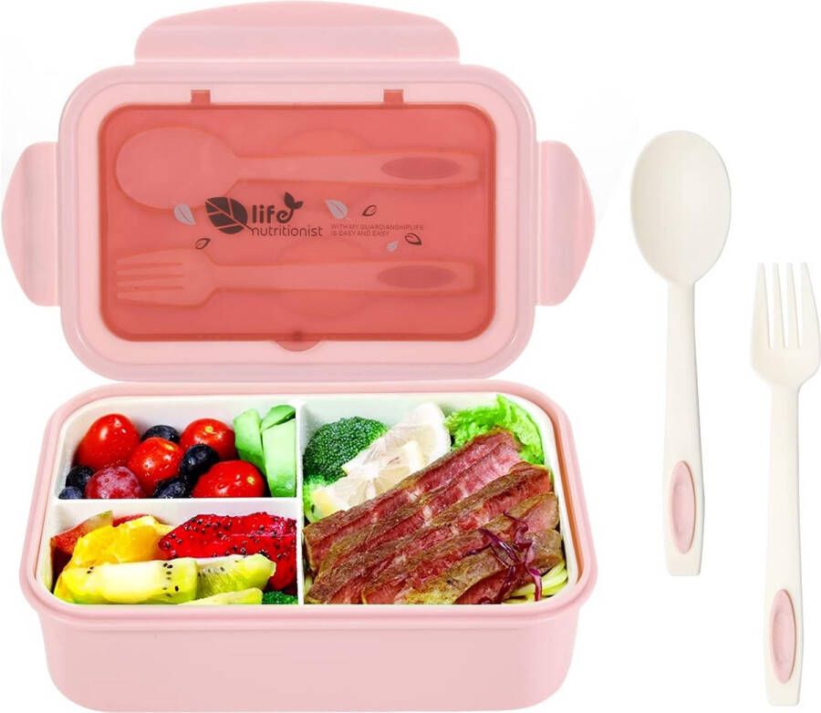 Lunchbox bento lunchbox voor volwassenen en kinderen 1400 ml lekvrije lunchbox met 3 compartimenten en bestek herbruikbare sandwichbox voedselcontainer magnetron