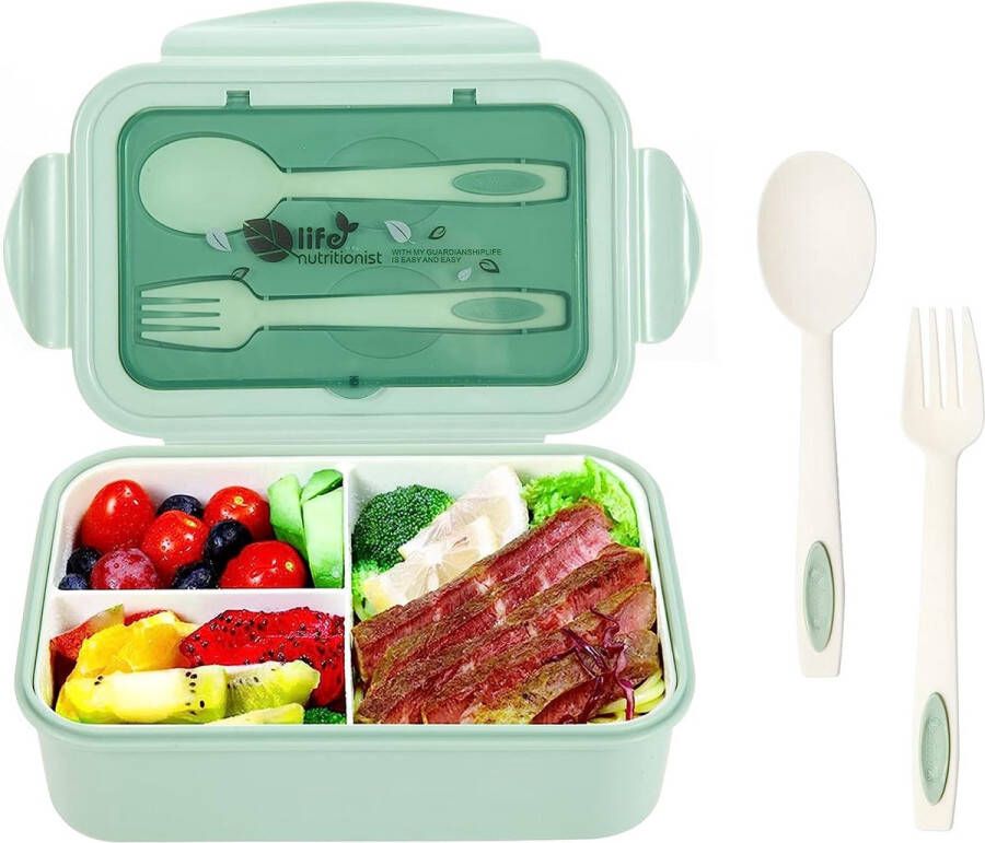 Lunchbox Bento Lunchbox voor volwassenen en kinderen 1400 ml lekvrije lunchbox met 3 vakken en bestek herbruikbare sandwichbox voedselcontainer magnetron en vaatwasmachinebestendig (groen)