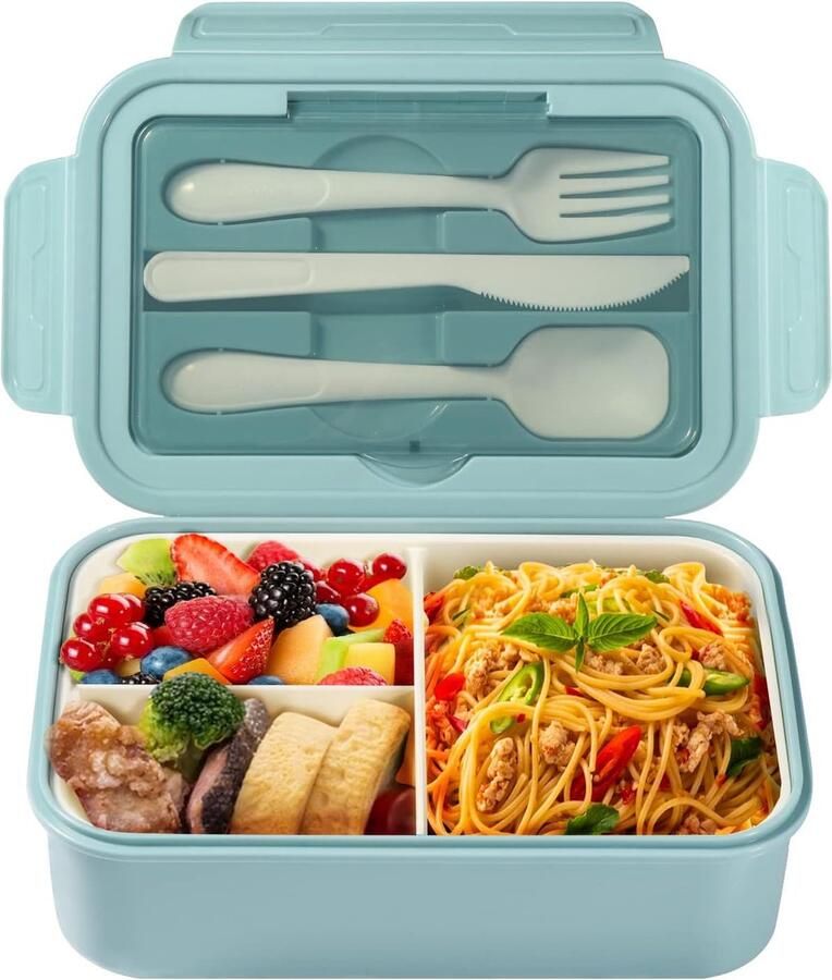 Lunchbox broodtrommel met bestek volwassenen en kinderen 1400 ml bento box met vakken werk magnetronbestendig blauw