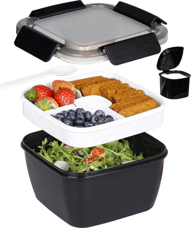 Lunchbox lekvrije bento box met 1 vork slacontainer met dressinghouder 3 vakken saladebox-to-go voor school werk picknick reizen camping (zwart 1500 ml)