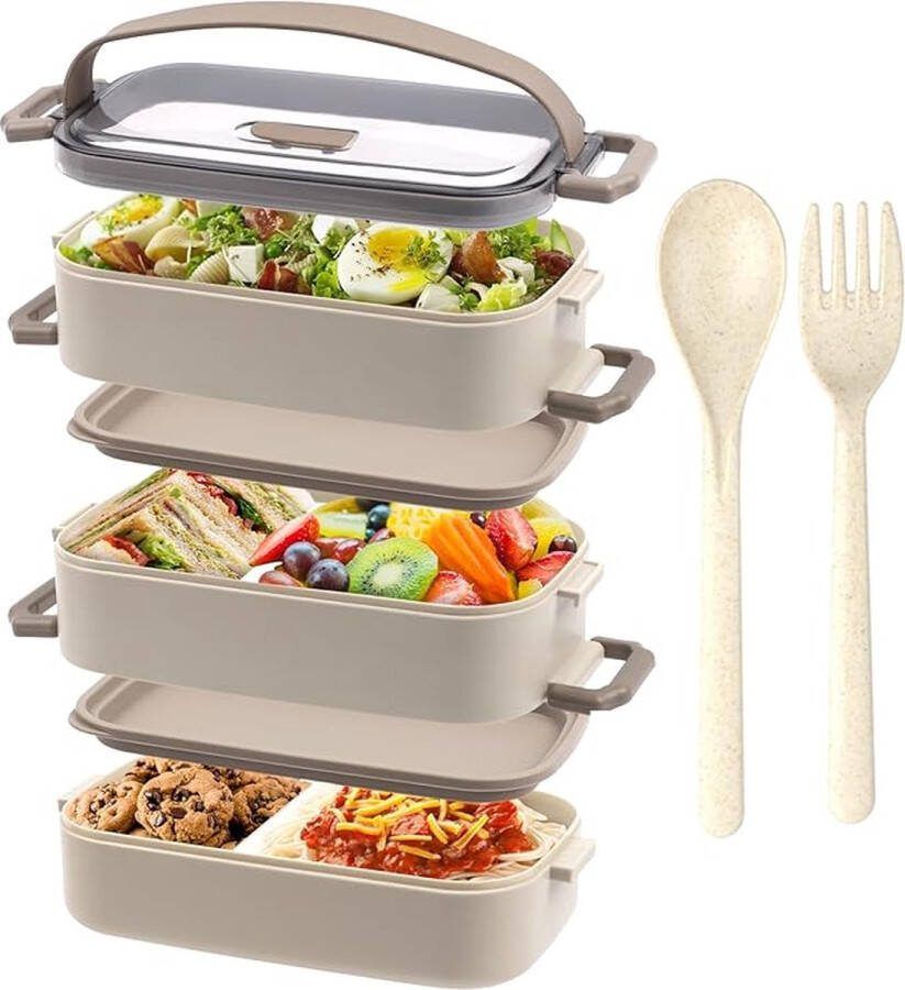 Lunchbox met 3 compartimenten Verstelbaar en Bestek Lunchbox Lekvrij BPA Vrij Magnetronbestendig Groot 19 5x11 2x15 Beige 2200ml