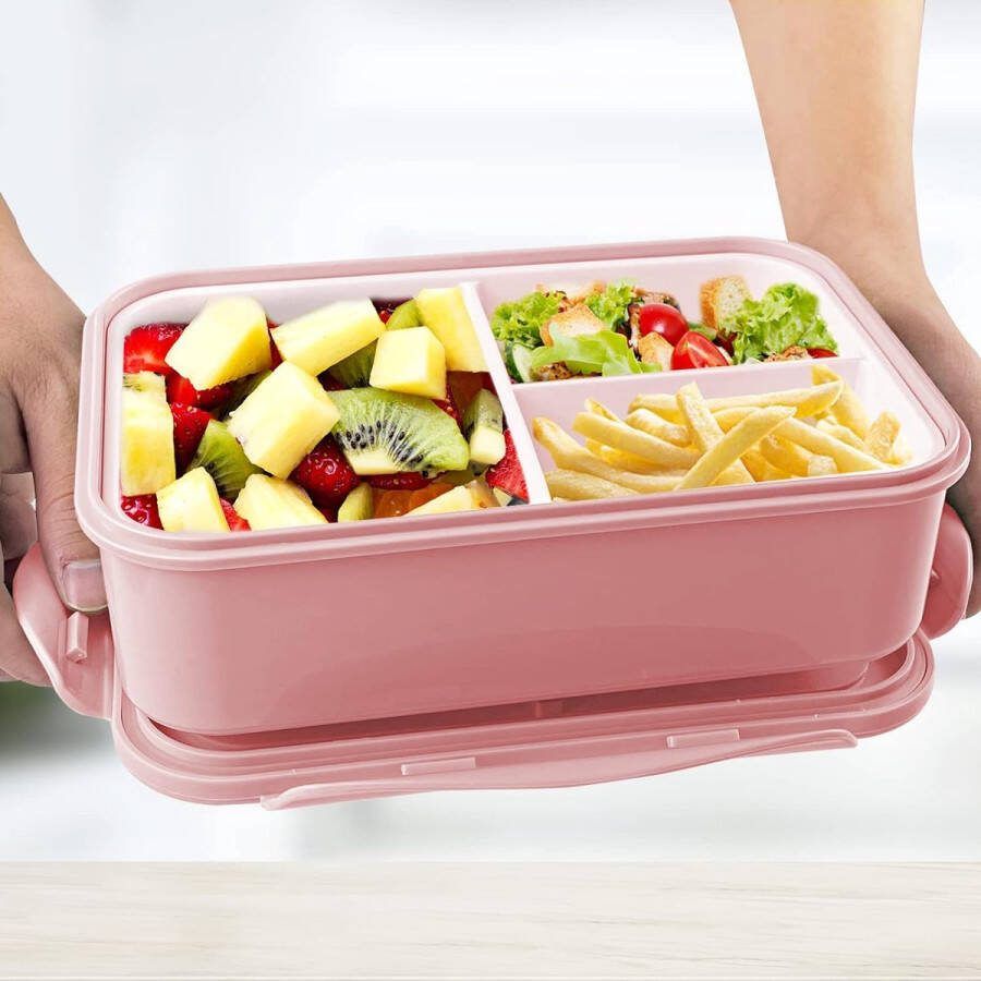 Lunchbox met 3 vakken en vorklepel 1400 ml bento waterdicht BPA-vrij lunchbox voor magnetron en vaatwasser voor volwassenen kinderen schoolwerk roze