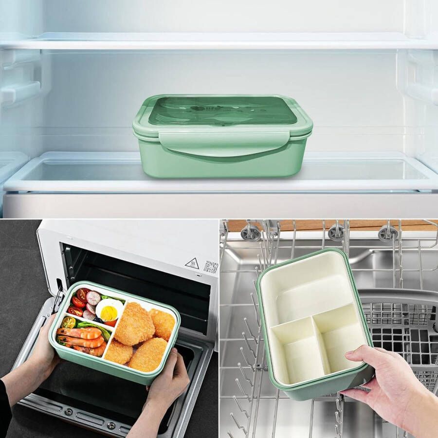 Lunchbox met 3 vakken en vorklepel 1400 ml bento waterdicht BPA-vrij lunchbox voor magnetron en vaatwasser voor volwassenen en kinderen schoolwerk groen