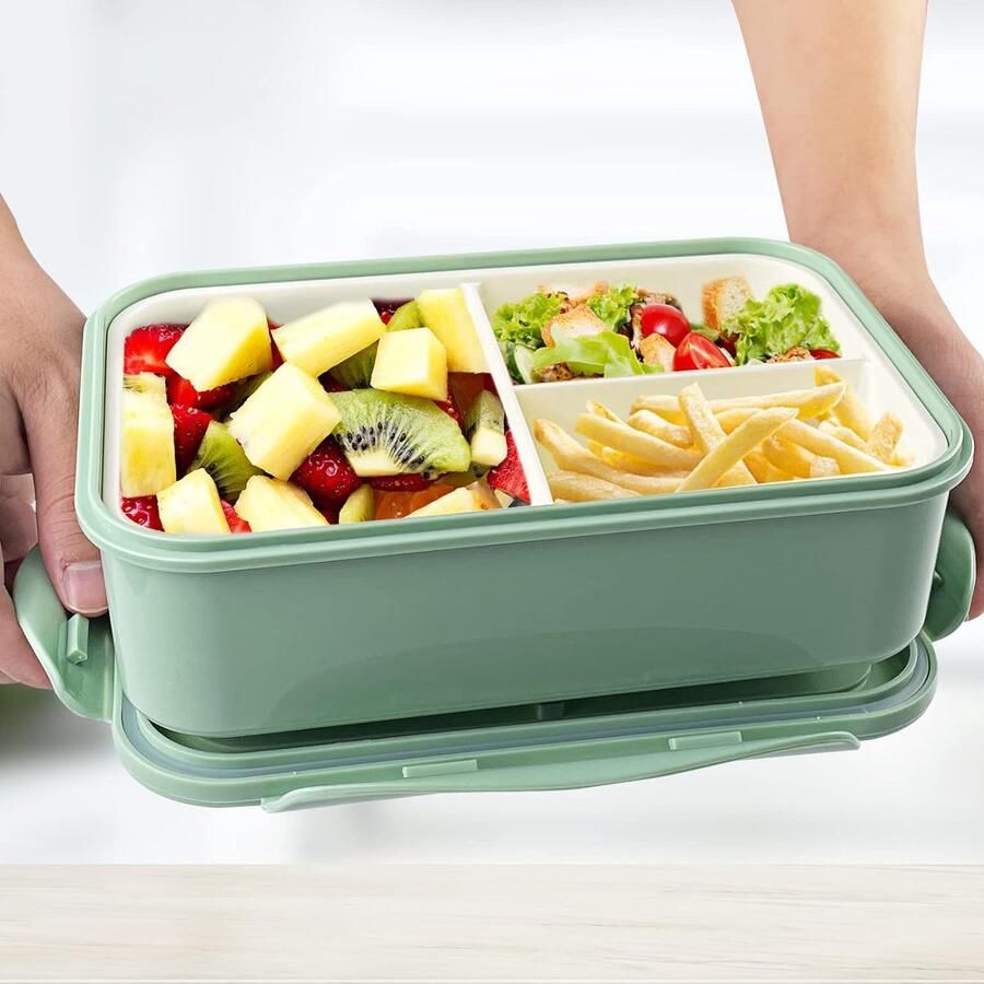 Lunchbox met 3 vakken en vorklepel 1400 ml bento waterdicht BPA-vrij lunchbox voor magnetron en vaatwasser voor volwassenen en kinderen schoolwerk groen