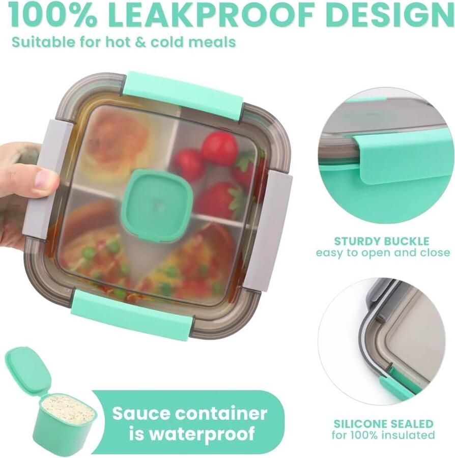 Lunchbox met Compartimenten 1500ML Lunchbox voor kinderen Volwassenen Saladecontainer Saladebox to go Lekvrije Bentobox Snackbox met 4 Compartimenten Slakom voor Schoolkantoor