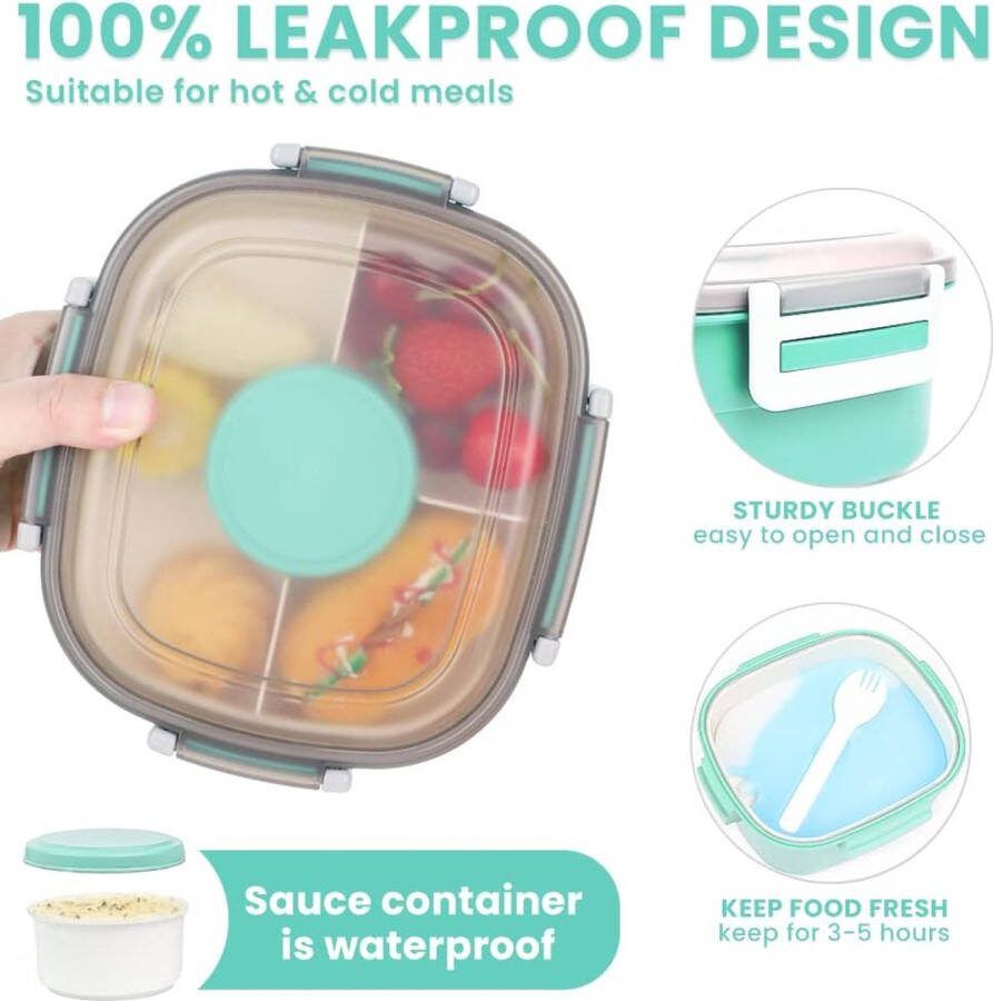 Lunchbox met Compartimenten 1600ML Lunchbox voor kinderen Volwassenen Saladecontainer Saladebox to go Lekvrije Bentobox Snackbox met 4 Compartimenten Slakom voor Schoolkantoor