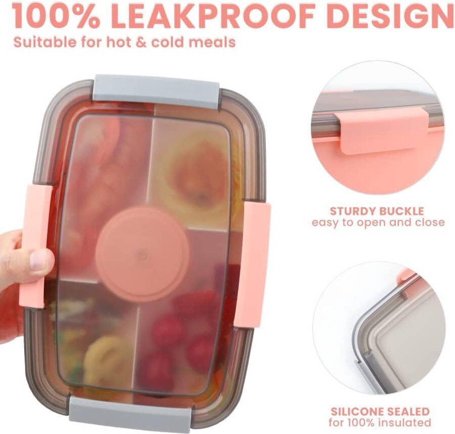 Lunchbox met Compartimenten 2000ML 3 Set Lunchbox voor kinderen Volwassenen Saladecontainer Saladebox to go Lekvrije Bentobox Snackbox met 4 Compartimenten Slakom voor Schoolkantoor