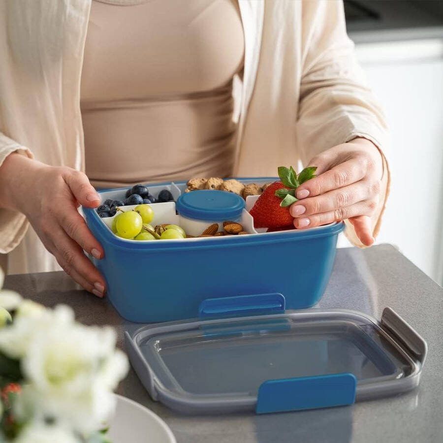 Lunchbox met Compartimenten 2000ML Lunchbox voor kinderen Volwassenen Saladecontainer Saladebox to go Lekvrije Bentobox Snackbox met 4 Compartimenten Slakom voor Schoolkantoor