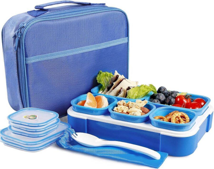 Lunchbox met deksel maaltijdbereidingsdozen met 5 vakken herbruikbare sausbox bentobox voor de lunch voedselbox met geïsoleerde koeltas vaatwasser- en magnetronbestendig 1000 ml