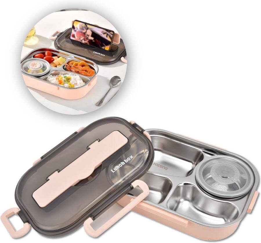 Lunchbox met soepkom 1 3 L roestvrijstalen bentobox met vier compartimenten draagbare geïntegreerde keukengereiset Bento-lunchbox voor volwassenen en kinderen (roze [stuur eetstokjeslepel])
