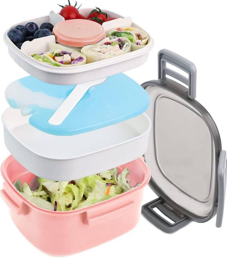 Lunchbox met vakken 1600 ml lunchbox voor kinderen volwassenen saladecontainer saladebox to go lekvrij bentobox snackbox met 4 vakken slakom voor school kantoor