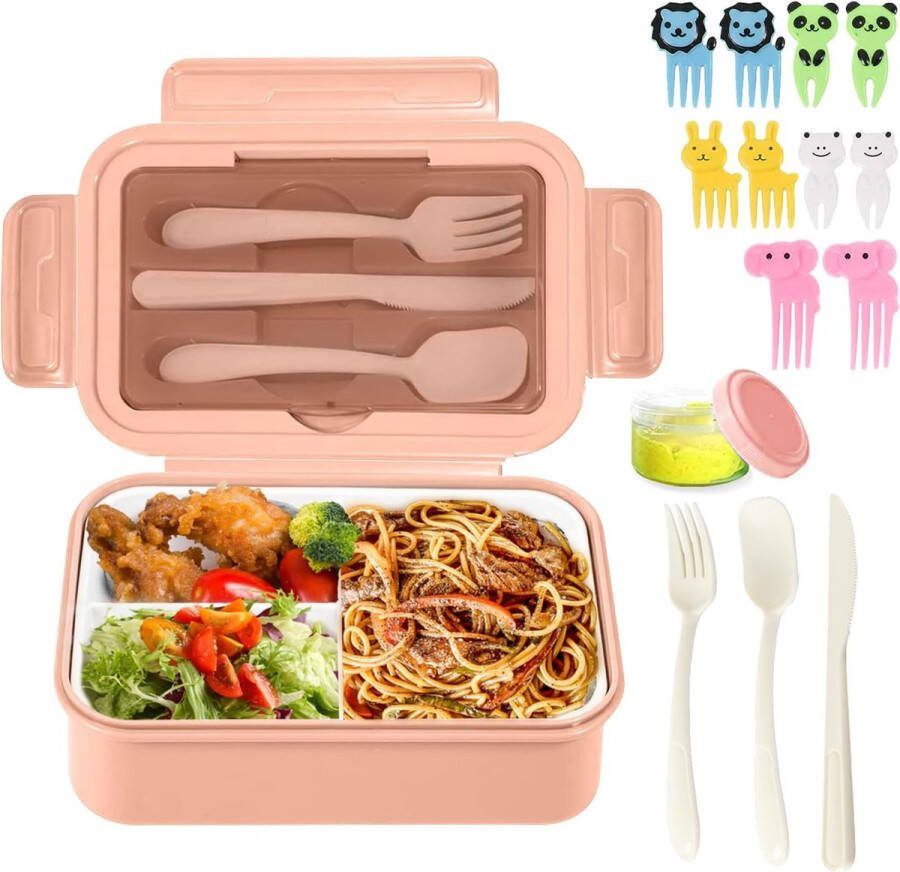 Lunchbox met vakken 3 roosters 1400 ml lunchbox volwassen kind bentobox met lepel en vork magnetron- en vaatwasmachinebestendig geschikt voor school picknick kantoor reizen roze