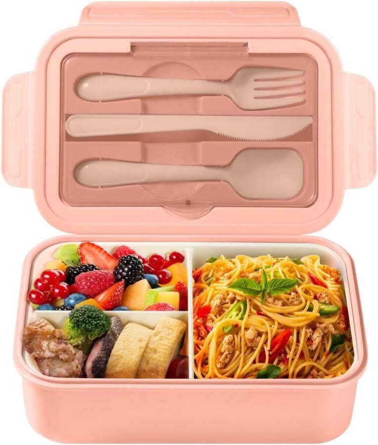 Lunchbox met vakken Bestek Kinderen Volwassenen 1400ML Bento Box Werk Magnetronbestendig (roze)