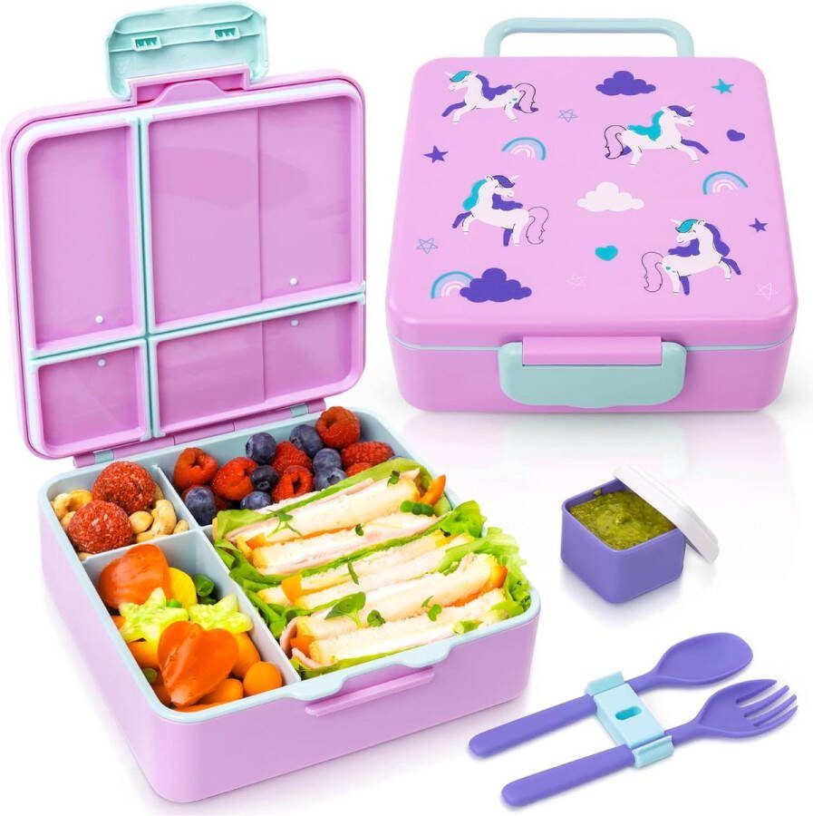Lunchbox met vakken Eenhoorn Duurzaam en lekvrij Bento Box voor kinderen van 3-12 jaar Gemakkelijk schoon te maken Gezonde en leuke snacks Veilige en BPA-vrije materialen