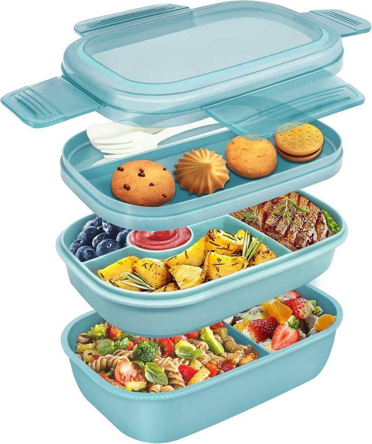 Lunchbox met vakken voor kinderen en volwassenen drielaagse lunchbox met 1900 ml magnetronbestendige lekvrije bentobox (blauw)