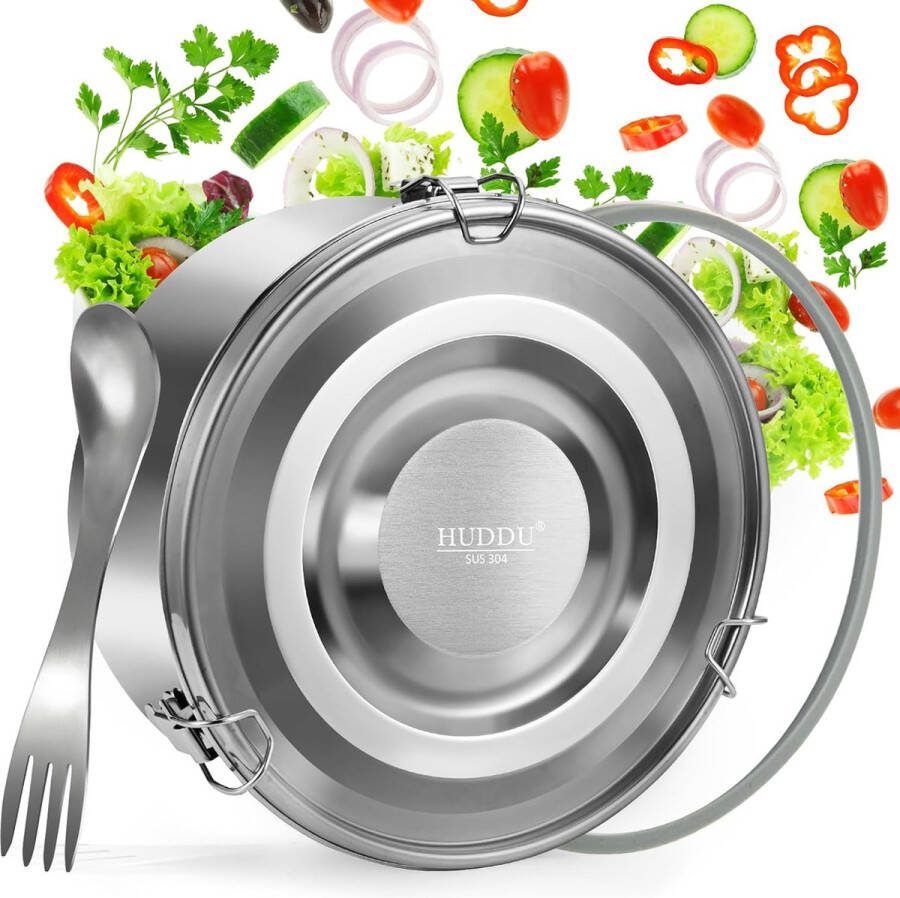 Lunchbox RVS 1600ml lunchbox RVS rond met spork en afdichtring lunchbox metaal vaatwasmachinebestendig milieuvriendelijk en BPA-vrij lunchbox lekvrij voor volwassenen en kinderen
