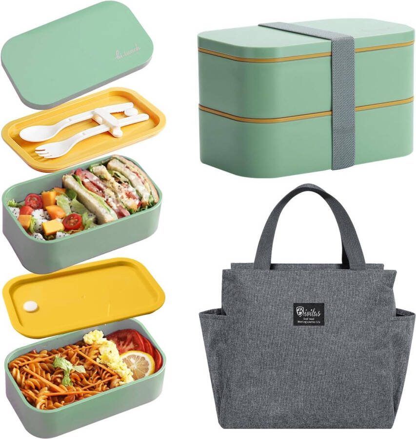 Lunchbox set 2 etages 1600 ml broodtrommel met koeltas lekvrij broodtrommel met vakken bento box snackbox met bestek voor picknick school werk reizen (groen)
